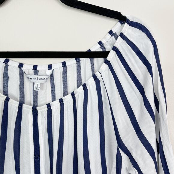Cupcakes and Cashmere Small Striped Off The Shoulder Top White Blue Button Front - Picture 3 of 9